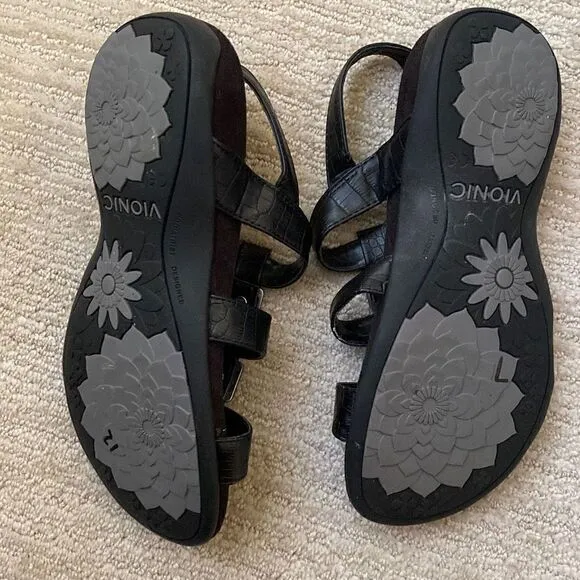Vionic Black Leather Amber Sandals With Adjustable Straps, Size 6
