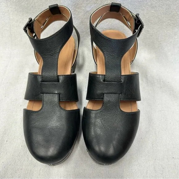 Vionic Faye black leather t strap closed toe clog US Size 9 Euro 41
