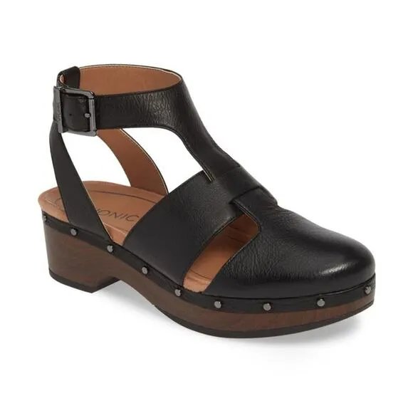 Vionic Faye black leather t strap closed toe clog US Size 9 Euro 41