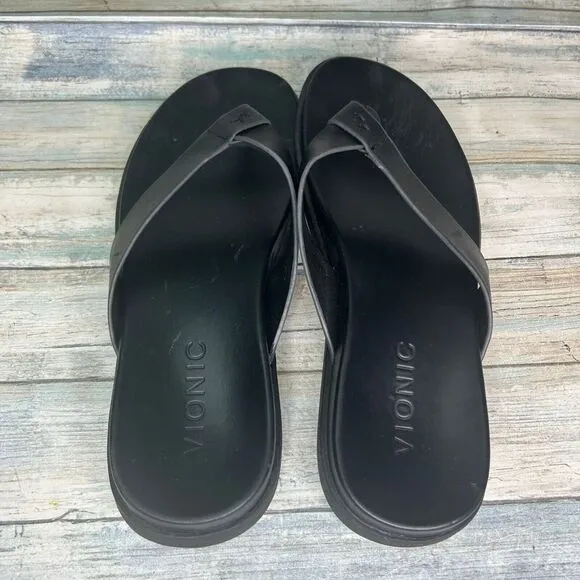 Vionic Flip Flop Mens Size 9 Elijah Toe Post Leather Sandals Thong Black
