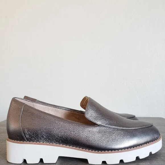 Vionic Kensley Metallic Leather Slip-On Loafer Lug Sole Pewter Size Women 9 WIDE