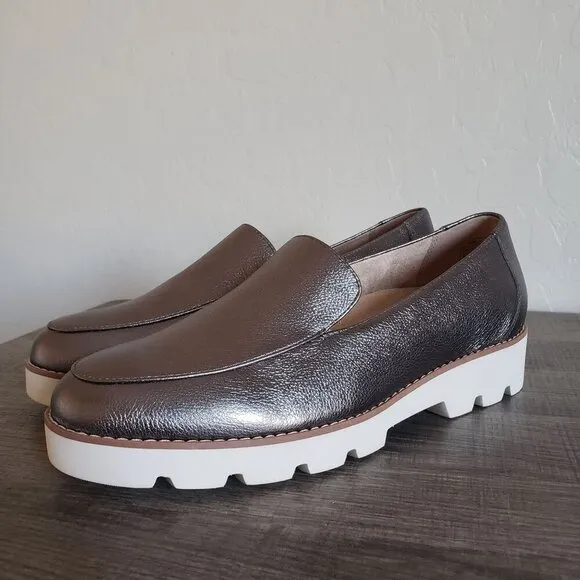 Vionic Kensley Metallic Leather Slip-On Loafer Lug Sole Pewter Size Women 9 WIDE