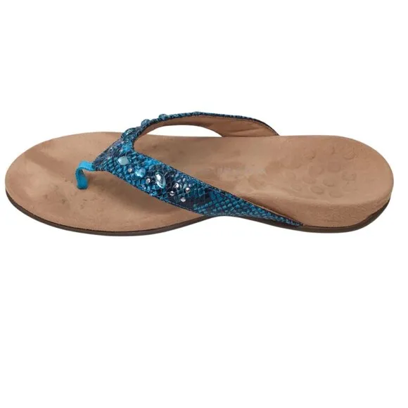 Vionic Lucia Sandals Blue Teal Snake Print Rhinestone Thong Toe Post 8.5 Leather