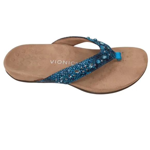 Vionic Lucia Sandals Blue Teal Snake Print Rhinestone Thong Toe Post 8.5 Leather