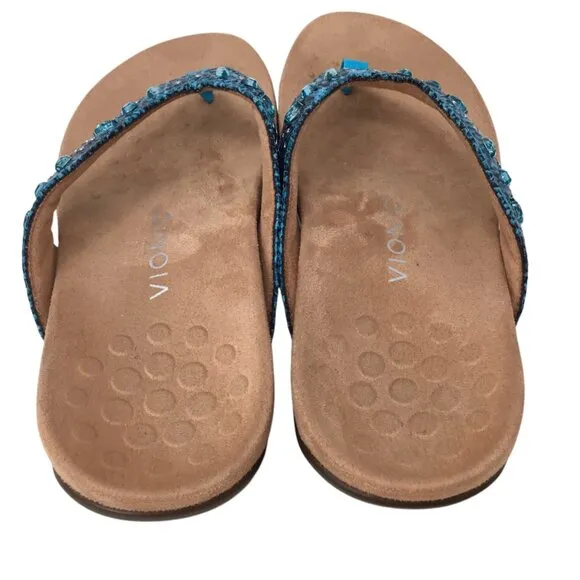 Vionic Lucia Sandals Blue Teal Snake Print Rhinestone Thong Toe Post 8.5 Leather