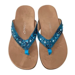 Vionic Lucia Sandals Blue Teal Snake Print Rhinestone Thong Toe Post 8.5 Leather