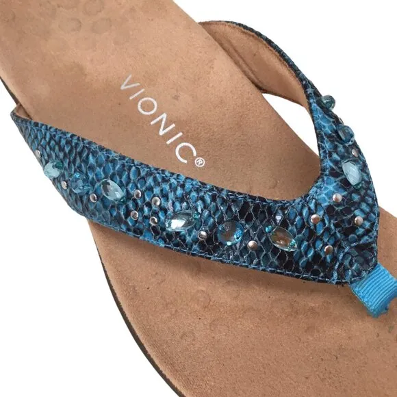 Vionic Lucia Sandals Blue Teal Snake Print Rhinestone Thong Toe Post 8.5 Leather