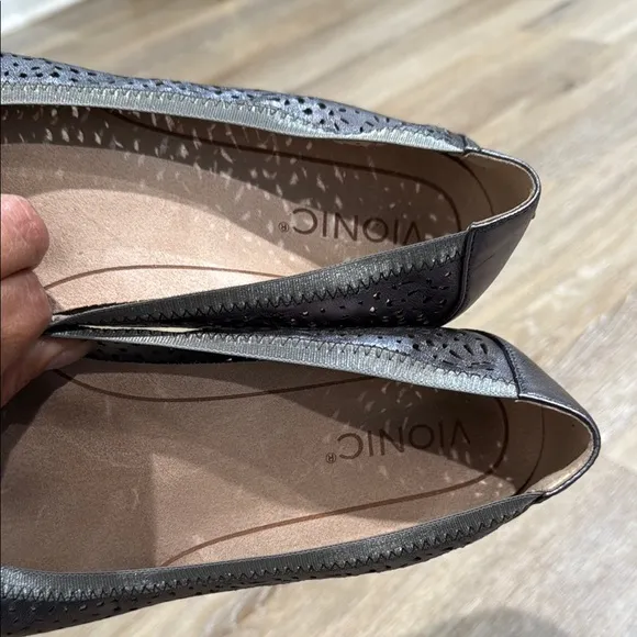 Vionic Size 8.5  Silver Loafers with Perforated Design and Orthopedic Sole