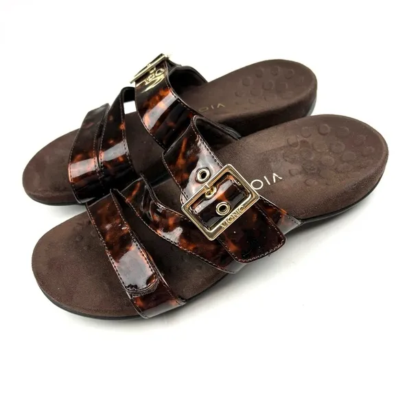 Vionic Skylar Brown Tortoise Print Orthopedic Comfort Slide Sandals size 6