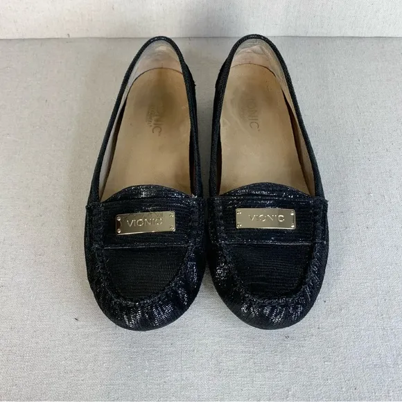 Vionic Sydney Leather Reptile Embossed Black Sparkle Loafers/Flats - Size 8
