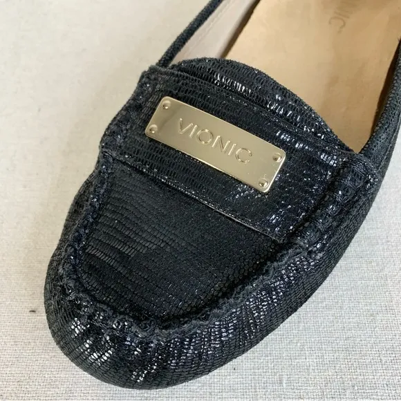 Vionic Sydney Leather Reptile Embossed Black Sparkle Loafers/Flats - Size 8