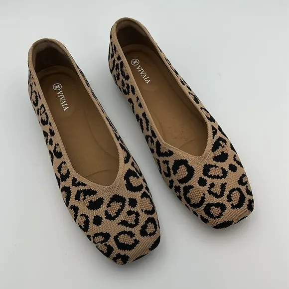 Vivaia Margot Knit Square Toe Flats Leopard Print Sz41