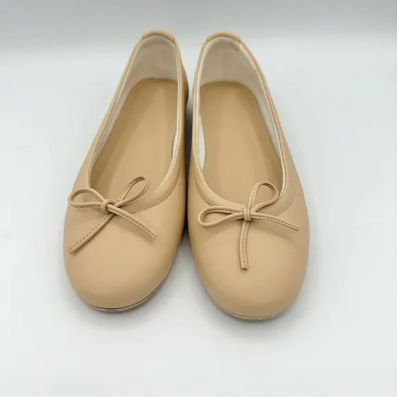 Von Holzhausen The Ballet Flat neutral latte color bow toe vegan round toe