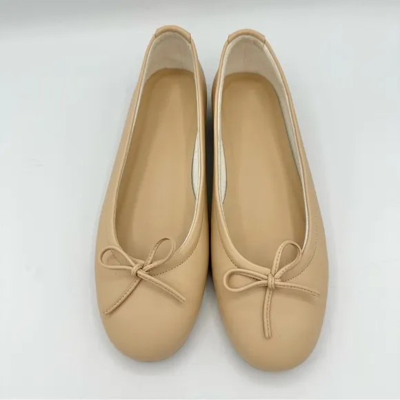 Von Holzhausen The Ballet Flat neutral latte color bow toe vegan round toe