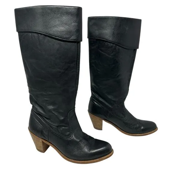 VTG Dexter Leather Heeled Boots Women 7.5 Midcalf Fold Over Boho Western 80s USA