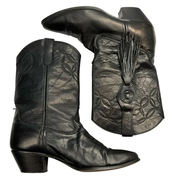 VTG Laredo Women's Black Leather Fringe Accent Cowgirl Cowboy Boots Size 8
