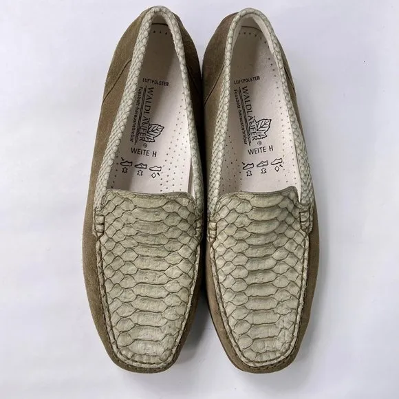 Waldlaufer Harriet Brown Suede White Croc Embossed Slip On Wedge Heel Loafers 41