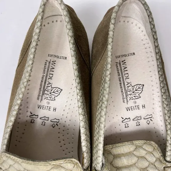 Waldlaufer Harriet Brown Suede White Croc Embossed Slip On Wedge Heel Loafers 41