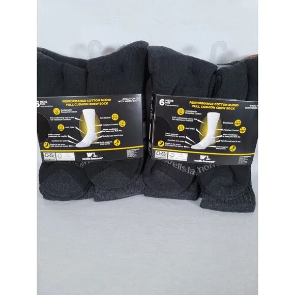 Wells Lamont Mens Work Crew Socks Size 7-12 Gray 6-Pack Cushion Comfort Lot