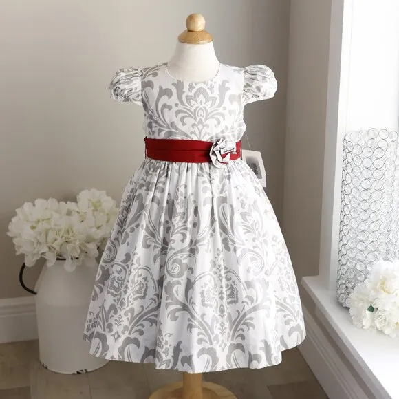 White and Silver Damask Special Occasion Party Dress Red Sash Size 4 Boutique