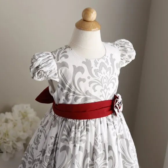 White and Silver Damask Special Occasion Party Dress Red Sash Size 4 Boutique