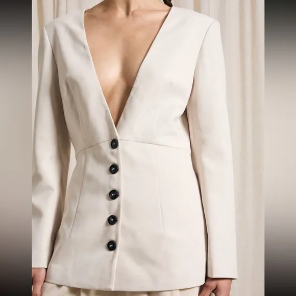 White Collarless blazer, deep open V neck black button thick fully lined