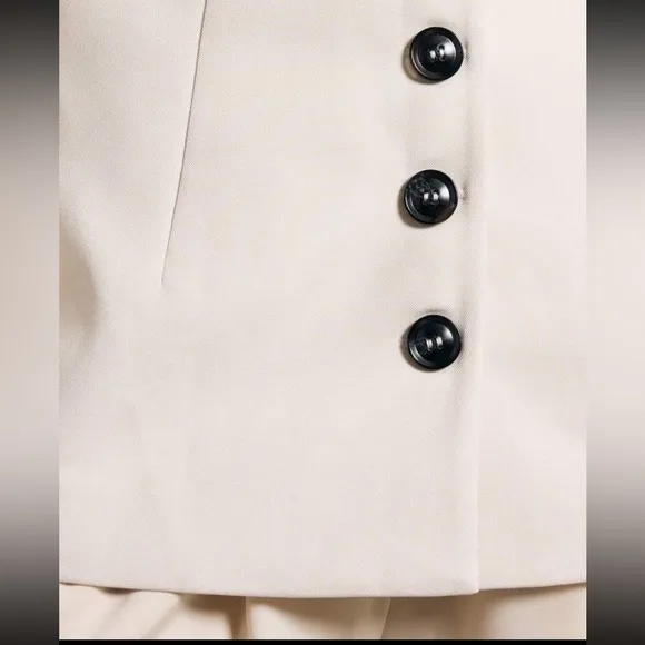 White Collarless blazer, deep open V neck black button thick fully lined