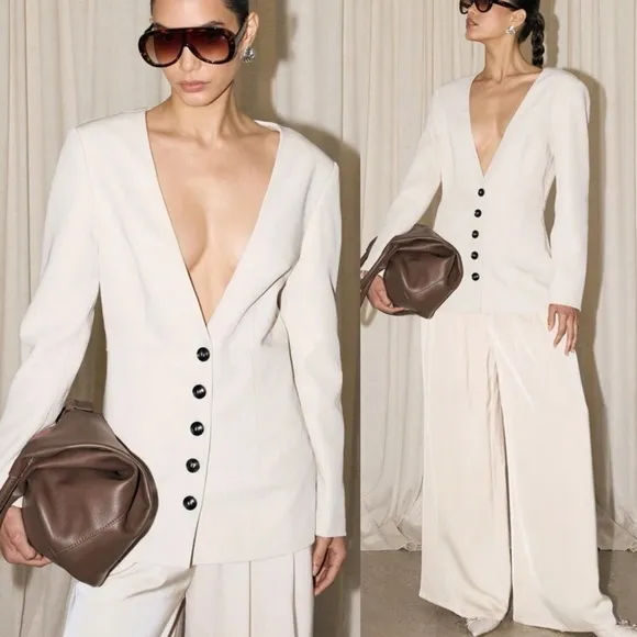 White Collarless blazer, deep open V neck black button thick fully lined