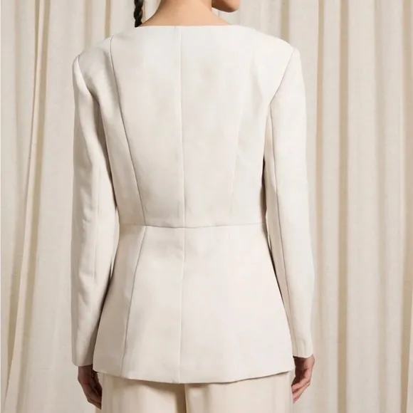 White Collarless blazer, deep open V neck black button thick fully lined