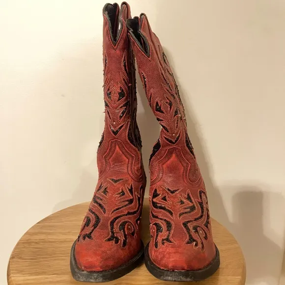 Wild Thang Laredo Leather Rustic Cowgirl Boots Women’s 10 Red &amp; Black Sequin
