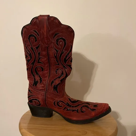Wild Thang Laredo Leather Rustic Cowgirl Boots Women’s 10 Red &amp; Black Sequin