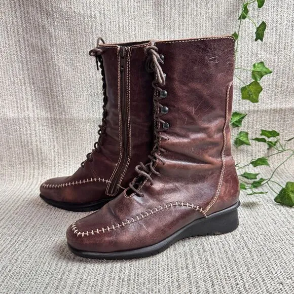 Wolky Women’s Brown Boots Calf High Leather Zip Lace up Up Boot 4.5