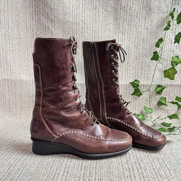 Wolky Women’s Brown Boots Calf High Leather Zip Lace up Up Boot 4.5