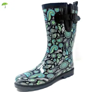 Women 11&quot; Mid-Calf Rubber Rain Boots, Parsley Print Water Boots Wellies