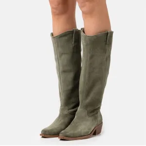 Women Low Stacked Heel Slouchy Knee High Western Boots Pointed Square Toe Suede