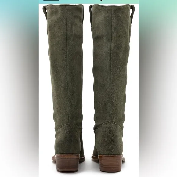 Women Low Stacked Heel Slouchy Knee High Western Boots Pointed Square Toe Suede