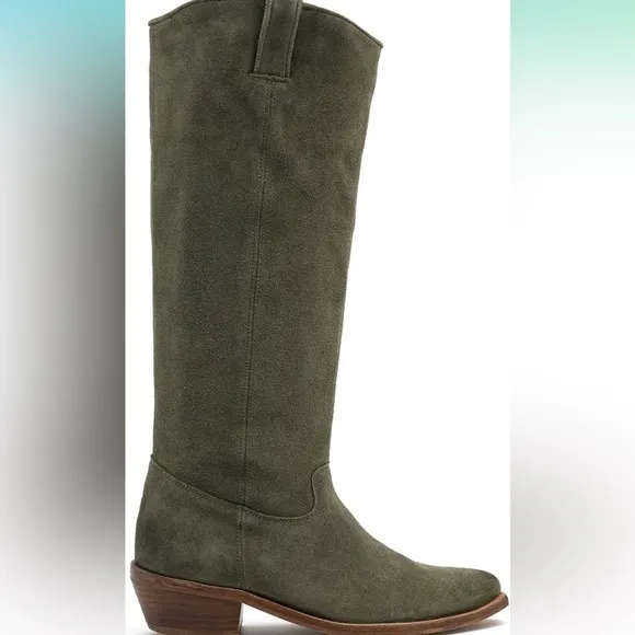 Women Low Stacked Heel Slouchy Knee High Western Boots Pointed Square Toe Suede