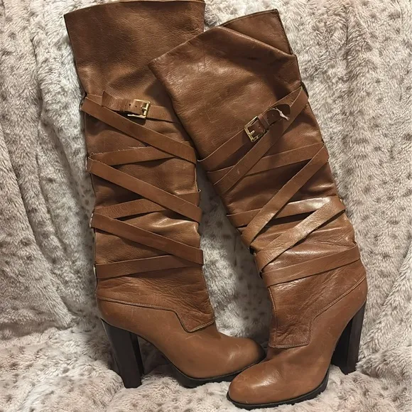 Women’s 7 Camel brown knee high designer leather strappy high heel boots