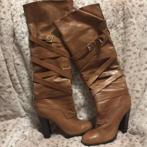 Women’s 7 Camel brown knee high designer leather strappy high heel boots