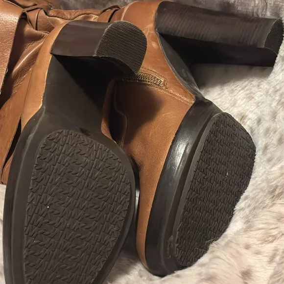 Women’s 7 Camel brown knee high designer leather strappy high heel boots