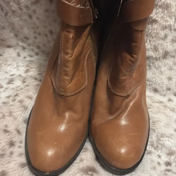 Women’s 7 Camel brown knee high designer leather strappy high heel boots