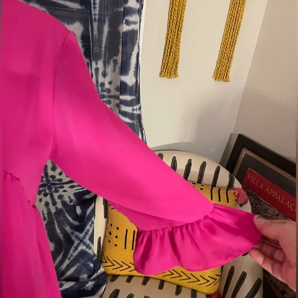 Women’s Amanda Uprichard Hot Pink Babydoll Dress w/Lace Up Back &amp; Ruffle Sleeves