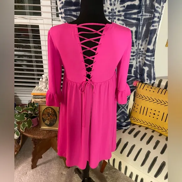 Women’s Amanda Uprichard Hot Pink Babydoll Dress w/Lace Up Back &amp; Ruffle Sleeves