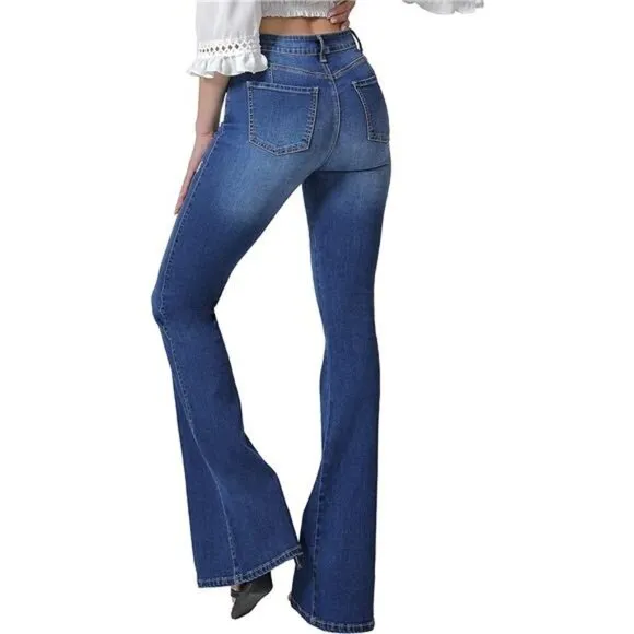Women's High Waisted Flare Jeans with Classic Wide Leg Ripped Denim Pants, Blue