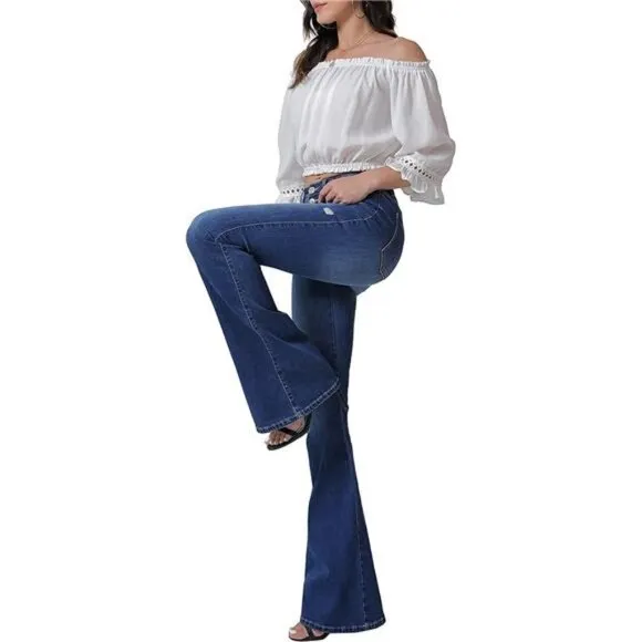 Women's High Waisted Flare Jeans with Classic Wide Leg Ripped Denim Pants, Blue