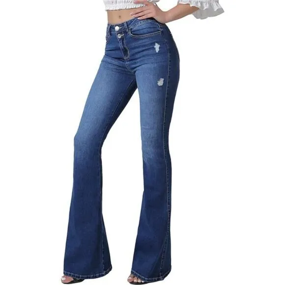 Women's High Waisted Flare Jeans with Classic Wide Leg Ripped Denim Pants, Blue