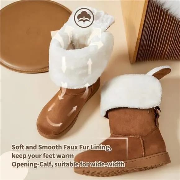 Women's Mid-Calf Winter Snow Boots Warm Fur Boots Wide Calf Slip on Boots