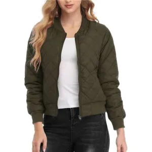 Women's Quilted Jacket Long Sleeve Zip up Raglan Bomber Jacket with Pockets