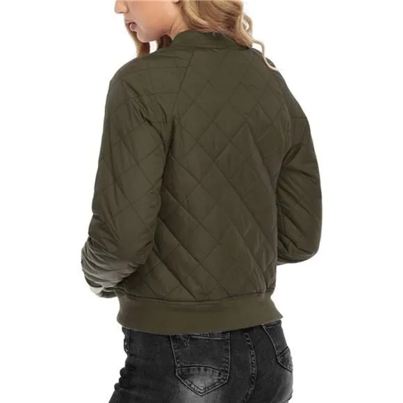 Women's Quilted Jacket Long Sleeve Zip up Raglan Bomber Jacket with Pockets