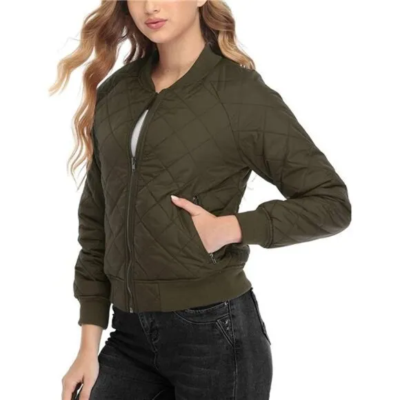 Women's Quilted Jacket Long Sleeve Zip up Raglan Bomber Jacket with Pockets